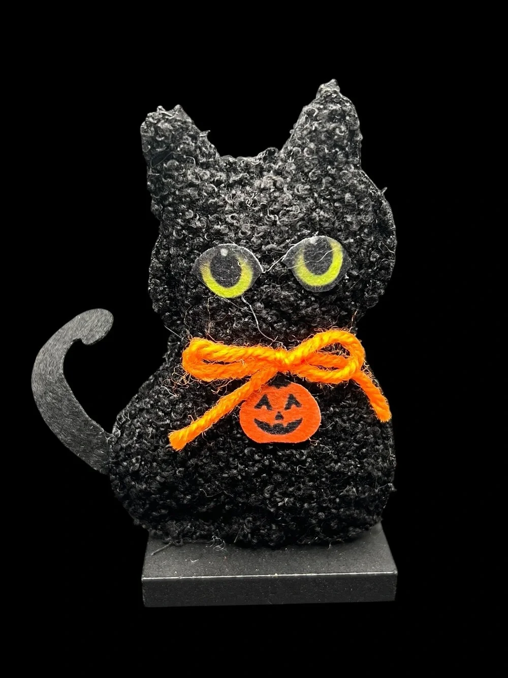 🐈‍⬛ Halloween Black Cat Shaped Plush Icon Tabletop Decor Green Eyes Orange Bow